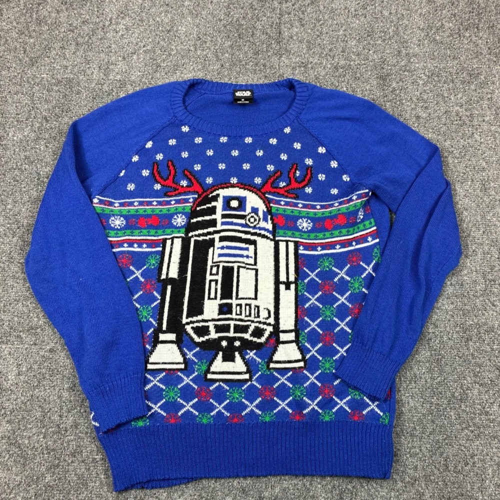 Star Wars R2-D2 Reindeer Antlers Ugly Christmas Sweater Blue Mens Size Medium